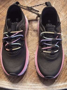 Black & Pink Kids Athletic Sneakers with Rainbow Elastic Laces